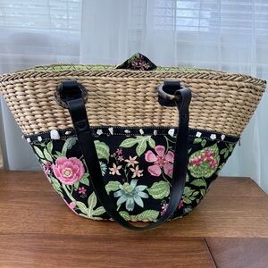 Vera Bradley Natural Woven Straw Beach Tote Sea Shell Trim Botanical Print